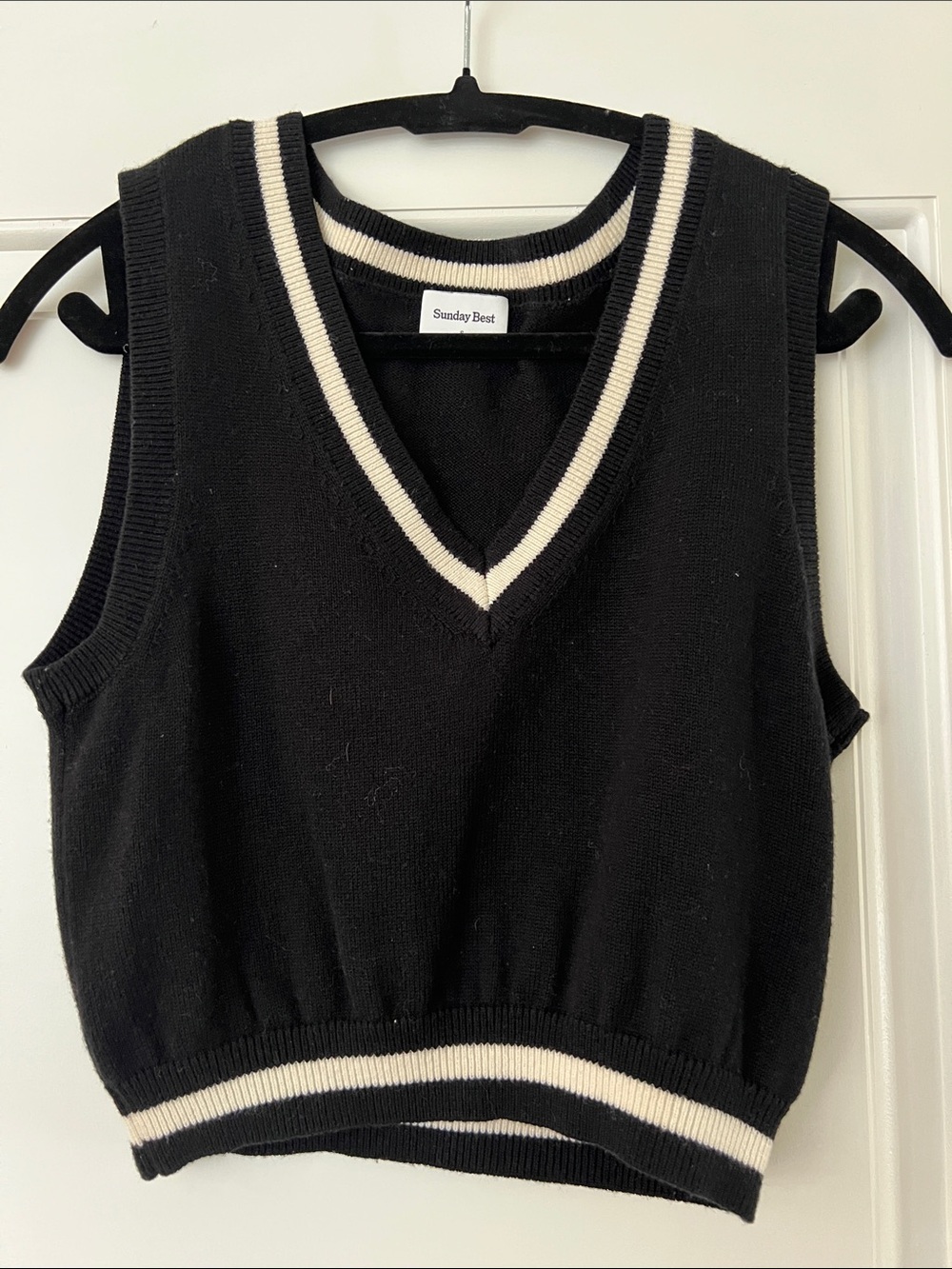 Aritzia Sunday Best Black V-Neck Sweater Vest with Cream Stripe